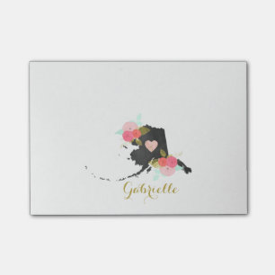 Monogram Alaska Staat Aquarell Floral & Herz Post-it Klebezettel