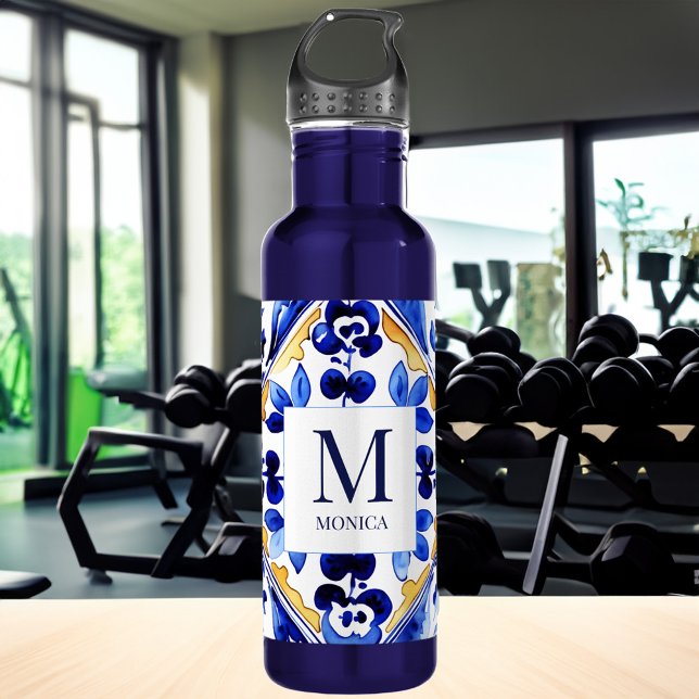 Monogram Amalfi Vietri Geschenke Edelstahlflasche (Monogram Amalfi Vietri Italian blue tiles bridesmaid gifts Water Bottle bridal party favors )