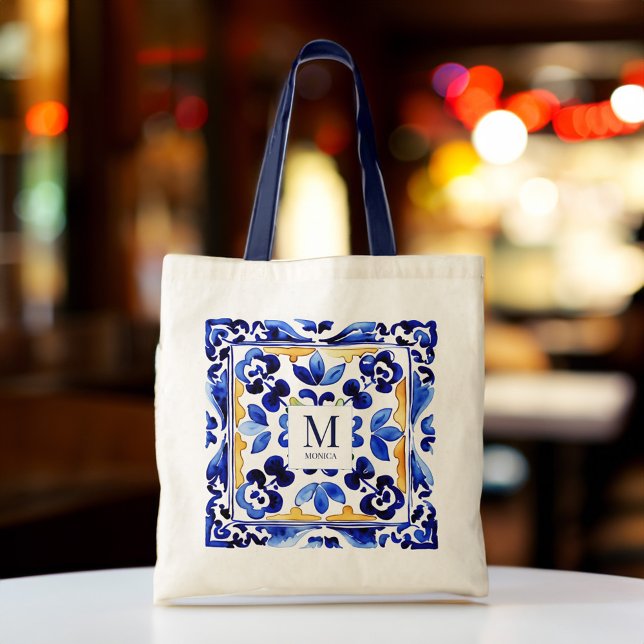 Monogram Amalfi Vietri Geschenke Tragetasche (Monogram Amalfi Vietri Italian blue tiles bridesmaid gifts personalized Tote Bag bridal party favors)