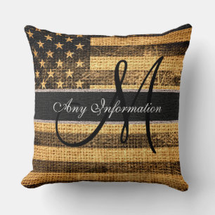 Monogram American Flag Burlap Linen Rustic Jute #2 Kissen