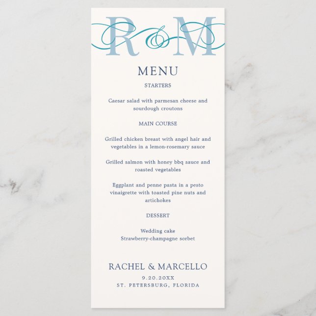 Monogram Ampersand Dusty Navy Blue Wedding Menu Menükarte (Vorderseite)
