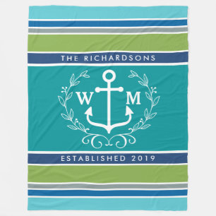 Monogram Anchor Laurel Wreath Stripes Nautic Fleecedecke