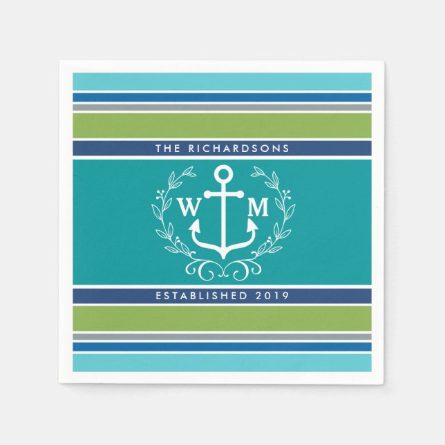 Monogram Anchor Laurel Wreath Stripes Nautic Serviette (Vorderseite)