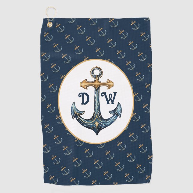 Monogram Anchor Navy Blue Golfhandtuch (Vorderseite)