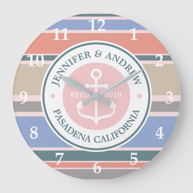 Monogram Anchor Trendy Stripes Pink Nautical Beach Große Wanduhr (Vorderseite)