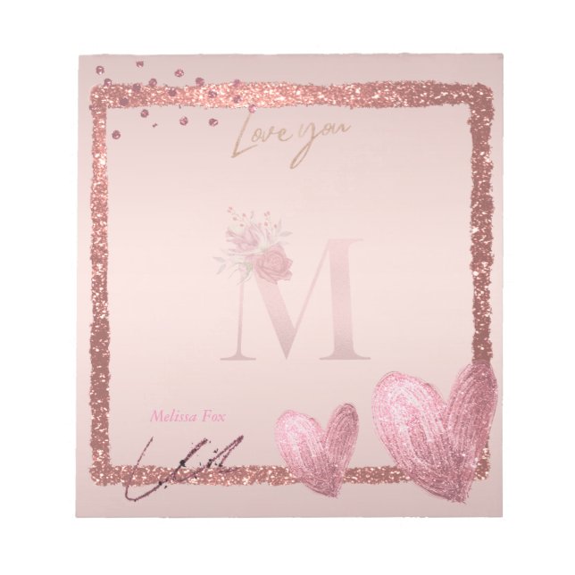 Monogram Anfangsbuchstabe M Hübsche Rose Gold Note Notizblock (Vorderseite)