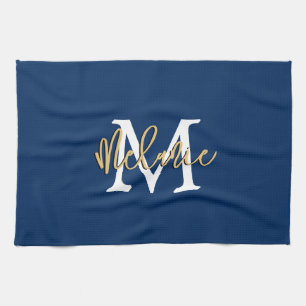 Monogram Anfangsname Script Navy White Gold Geschirrtuch