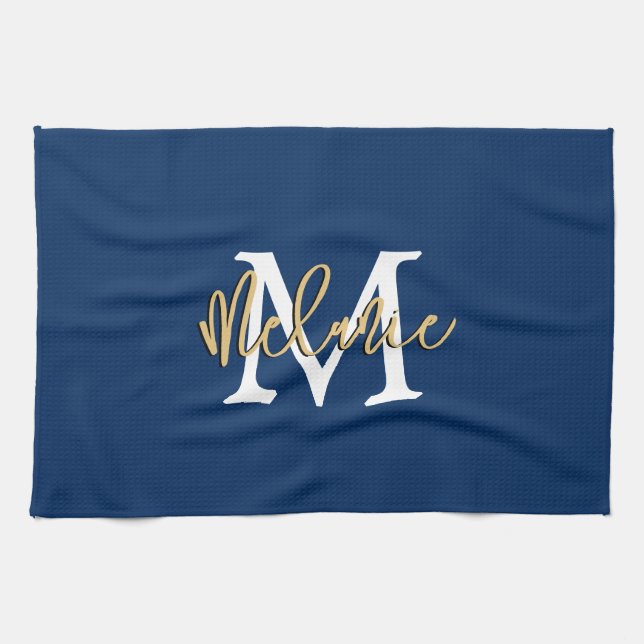 Monogram Anfangsname Script Navy White Gold Geschirrtuch (Horizontal)