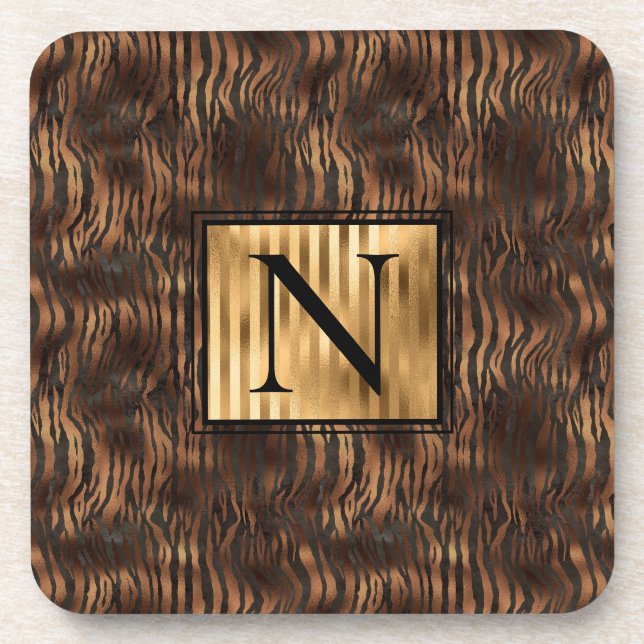 Monogram Animal Tiger Print Gold Elegant Metallic Getränkeuntersetzer (Vorderseite)
