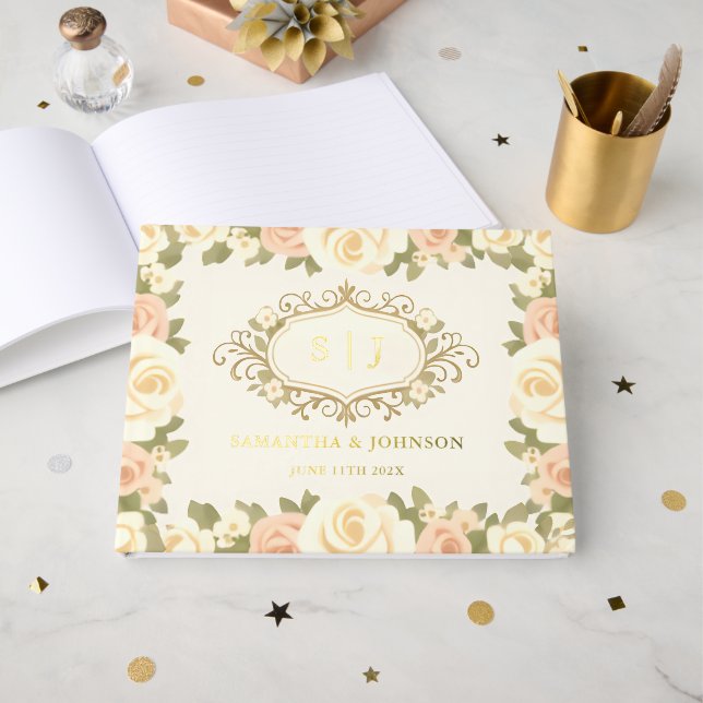 Monogram Antik Elfenbein Hochzeit Gästebuch (Vorderseite offen)