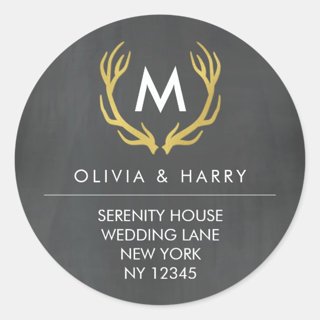 Monogram Antlers Wedding Rücksendeadresse Stickers (Vorderseite)