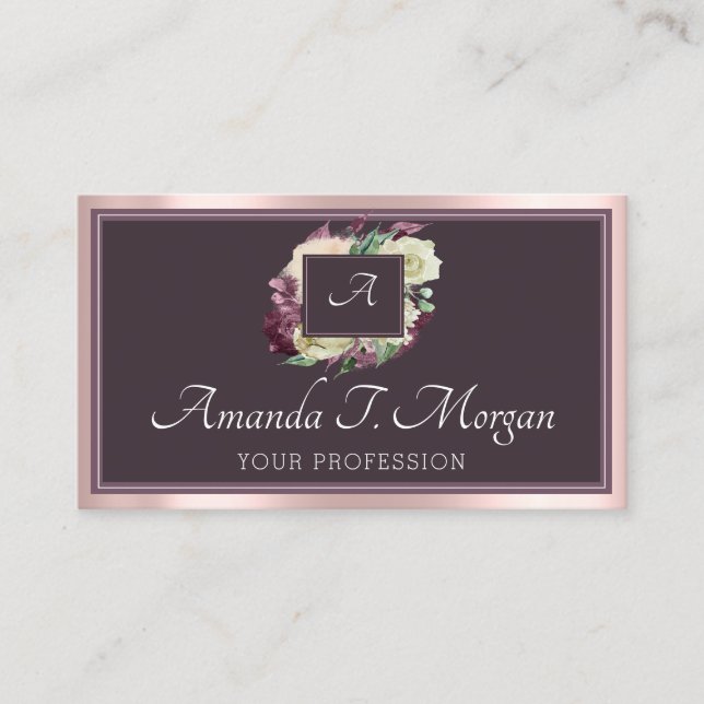 Monogram Appointment Card Rose Marsala DustyFloral Visitenkarte (Vorderseite)
