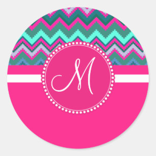 Monogram Aqua Aquamarin Blue Pink Tribal Zickzack  Runder Aufkleber