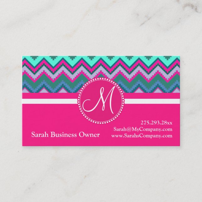 Monogram Aqua Aquamarin Blue Pink Tribal Zickzack  Visitenkarte (Vorderseite)
