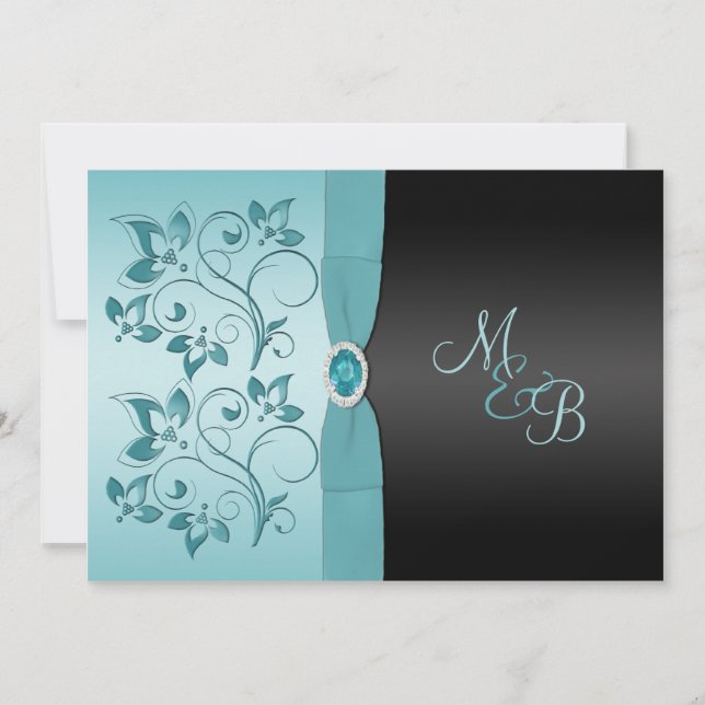 Monogram Aqua, Black Floral Weditation Einladung (Vorderseite)