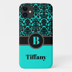 Monogram Aqua, Black, White Damask iPhone 11 Case