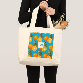 Monogram Aqua Blue Ananas Orange Fruit Pattern Jumbo Stoffbeutel