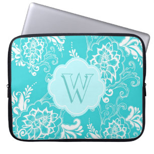 Monogram Aqua Blue, aquamarin dekorativer Blumenre Laptopschutzhülle