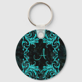 Monogram Aqua Blue Damask Schlüsselanhänger