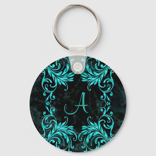 Monogram Aqua Blue Damask Schlüsselanhänger (Vorderseite)
