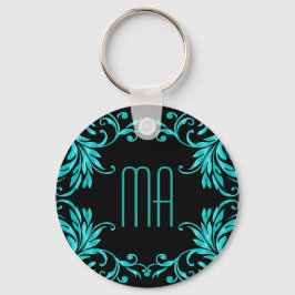 Monogram Aqua Blue Damask Schlüsselanhänger