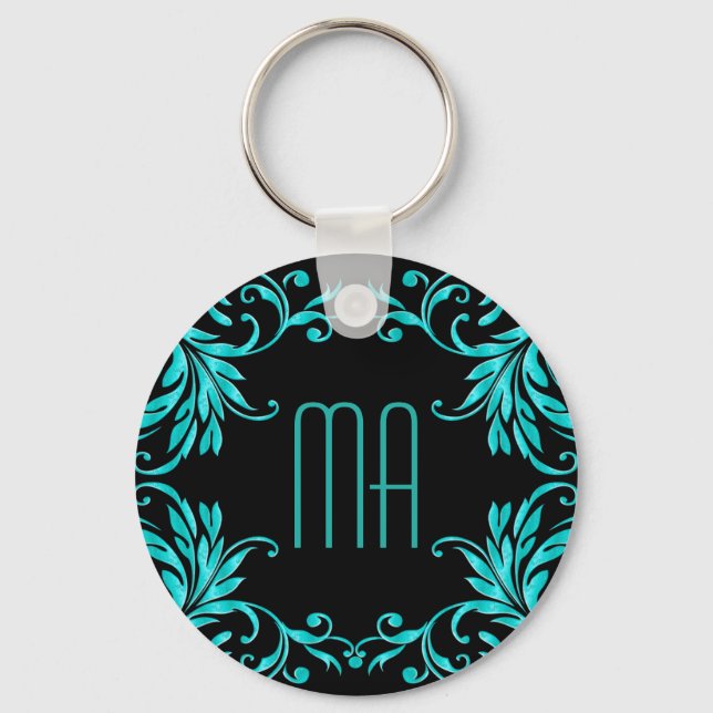 Monogram Aqua Blue Damask Schlüsselanhänger (Vorderseite)