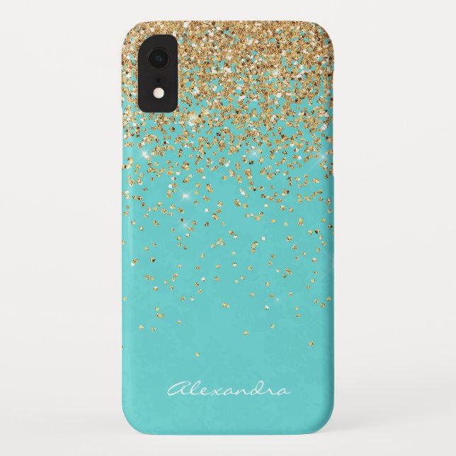 Monogram Aqua Blue Gold Glitzer Confetti Girly Case-Mate iPhone Hülle (Rückseite)