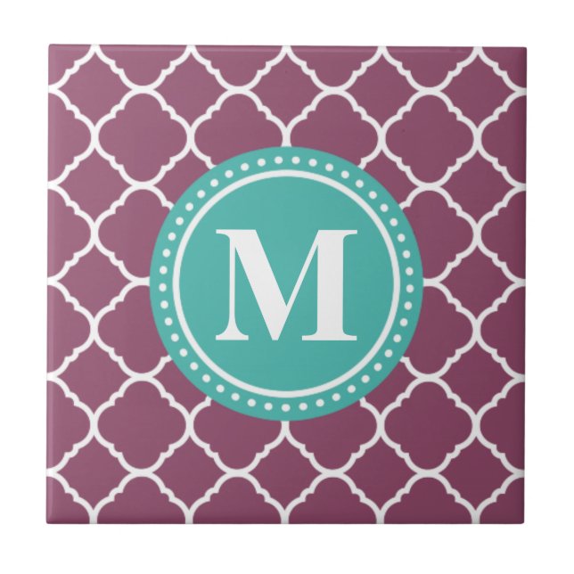 Monogram Aqua Blue Lila Quatrefolienmuster Fliese (Vorderseite)