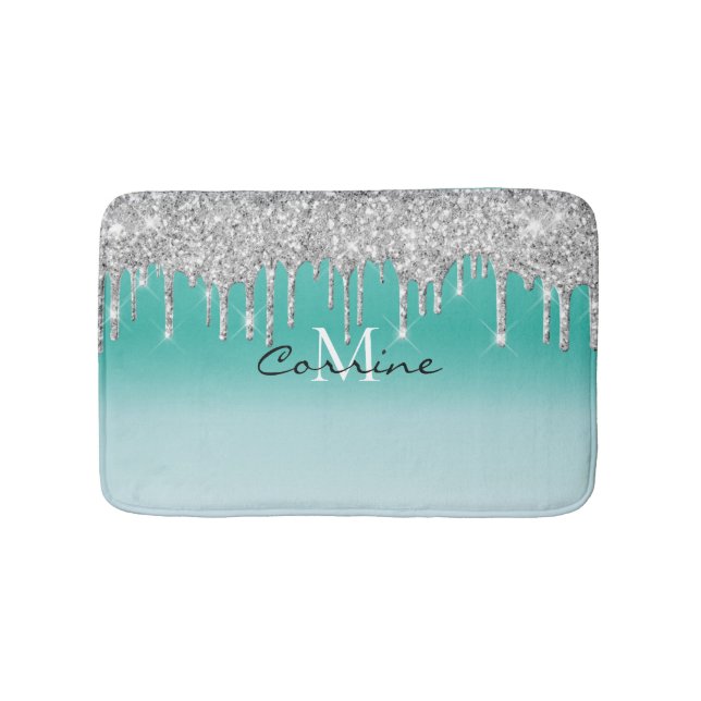 Monogram Aqua Blue Metallic + Silver Glitzer Tropf Badematte (Vorderseite)