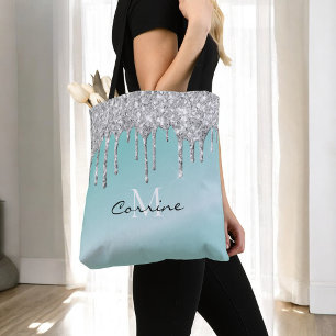 Monogram Aqua Blue + Silver Driving Glitzer Name Tasche