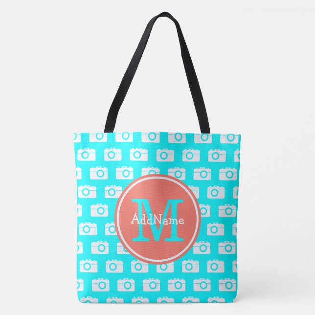Monogram Aqua Camera Muster mit Individuelle Name Tasche (Vorderseite)