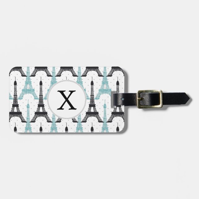 Monogram Aqua Chic Eiffel Tower Muster Gepäckanhänger (Vorderseite horizontal)