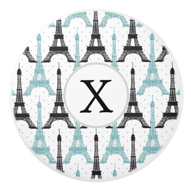 Monogram Aqua Chic Eiffel Tower Muster Keramikknauf (Vorderseite)