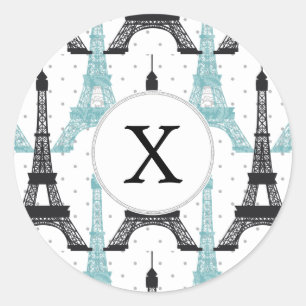 Monogram Aqua Chic Eiffel Tower Muster Runder Aufkleber