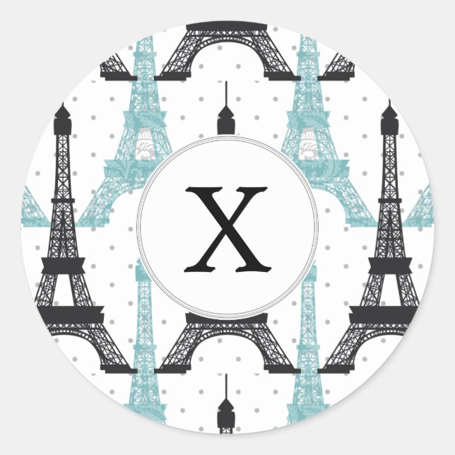 Monogram Aqua Chic Eiffel Tower Muster Runder Aufkleber (Vorderseite)