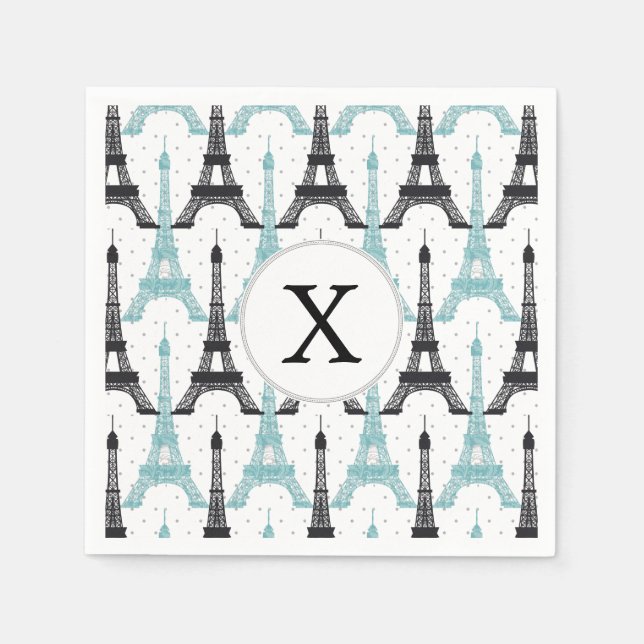 Monogram Aqua Chic Eiffel Tower Muster Serviette (Vorderseite)