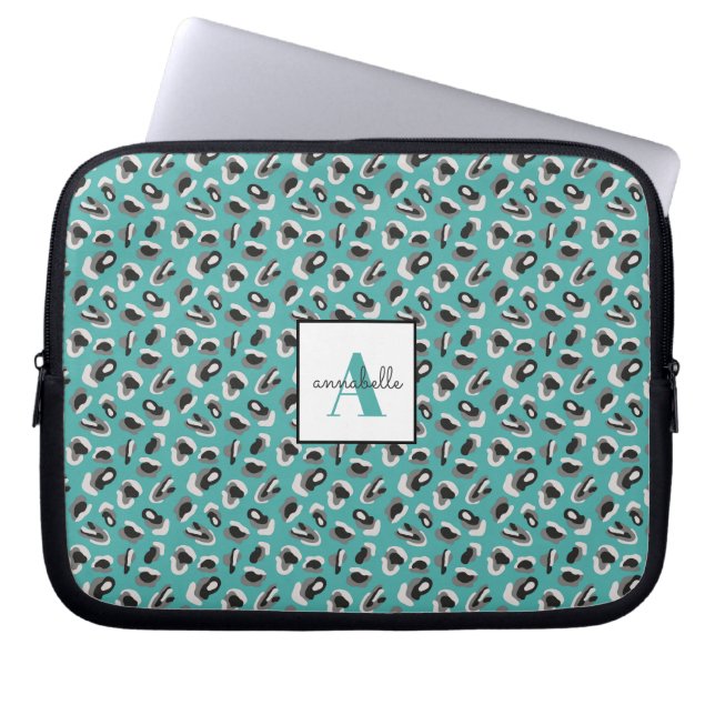 Monogram Aqua Leopard Animal Print Personalisiert Laptopschutzhülle (Vorderseite)