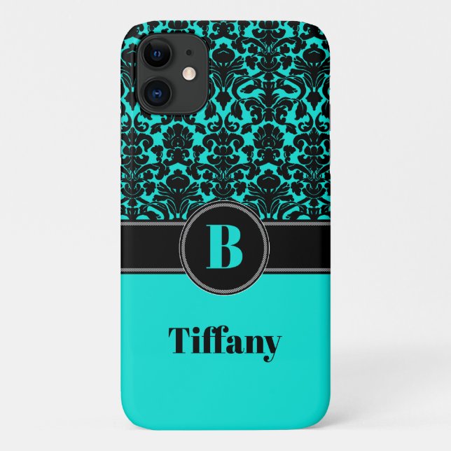 Monogram Aqua, Noir, Blanc Damask iPhone 11 Coque (Dos)