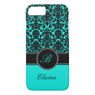 Monogram Aqua, Noir, Blanc Damask iPhone 7 Coque