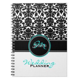 Monogram Aqua Schwarz-weiß Damask Hochzeitsplaner Notizblock