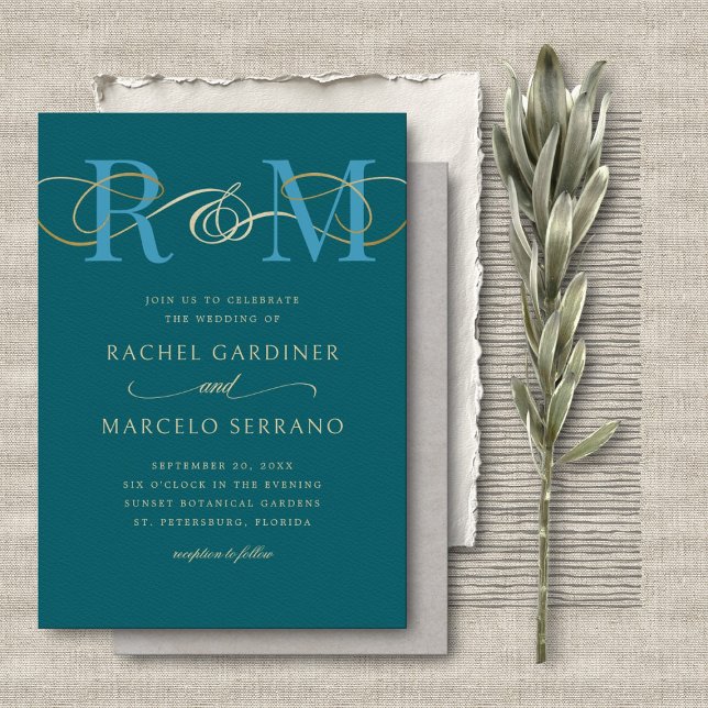 Monogram Aquamarin Aqua Turquoise QR Code Hochzeit Einladung (Von Creator hochgeladen)