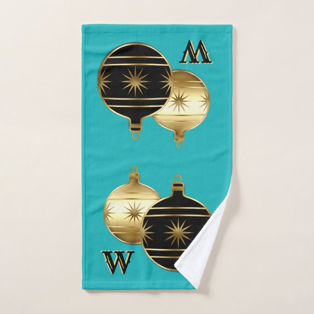 Monogram Aquamarin Black and Gold Weihnachtshandtu Handtuch (Handtuch)