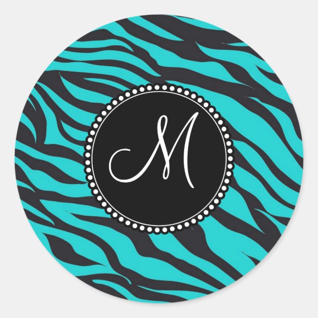 Monogram Aquamarin Black Zebra Print Wild Animal S Runder Aufkleber (Vorderseite)