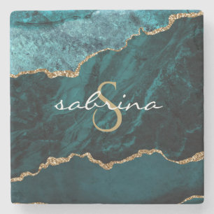 Monogram Aquamarin Blue Gold Agate Geode Steinuntersetzer