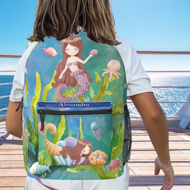 Monogram Aquamarin Blue Mermaid Dolphin Sea Theme Bedruckter Rucksack (Von Creator hochgeladen)