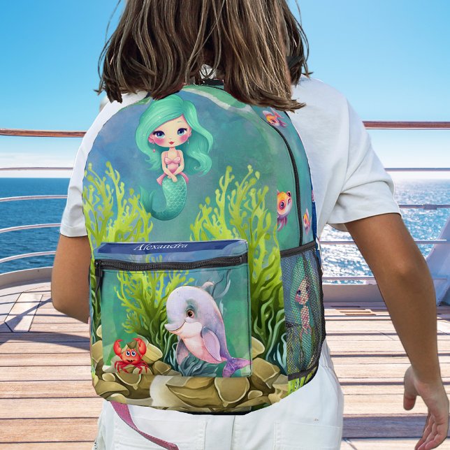 Monogram Aquamarin Blue Mermaid Dolphin Sea Theme Bedruckter Rucksack (Von Creator hochgeladen)