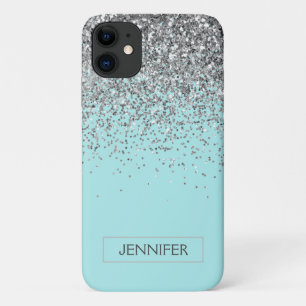Monogram Aquamarin Blue Silver Glam Glitzer Name Case-Mate iPhone Hülle