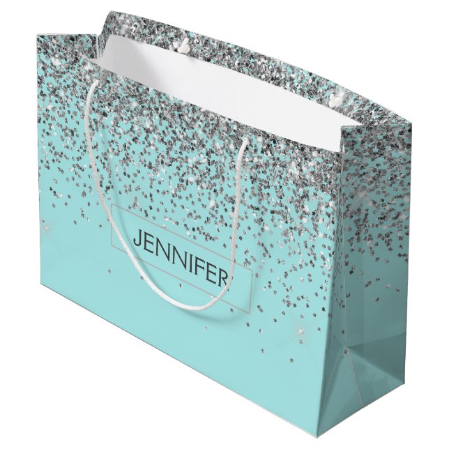 Monogram Aquamarin Blue Silver Glam Glitzer Name Große Geschenktüte (Rückseite Schrägansicht)