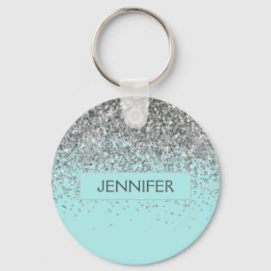 Monogram Aquamarin Blue Silver Glam Glitzer Name Schlüsselanhänger