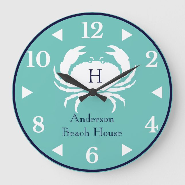 Monogram Aquamarin Blue White Navy Blue Crab Nauti Große Wanduhr (Vorderseite)